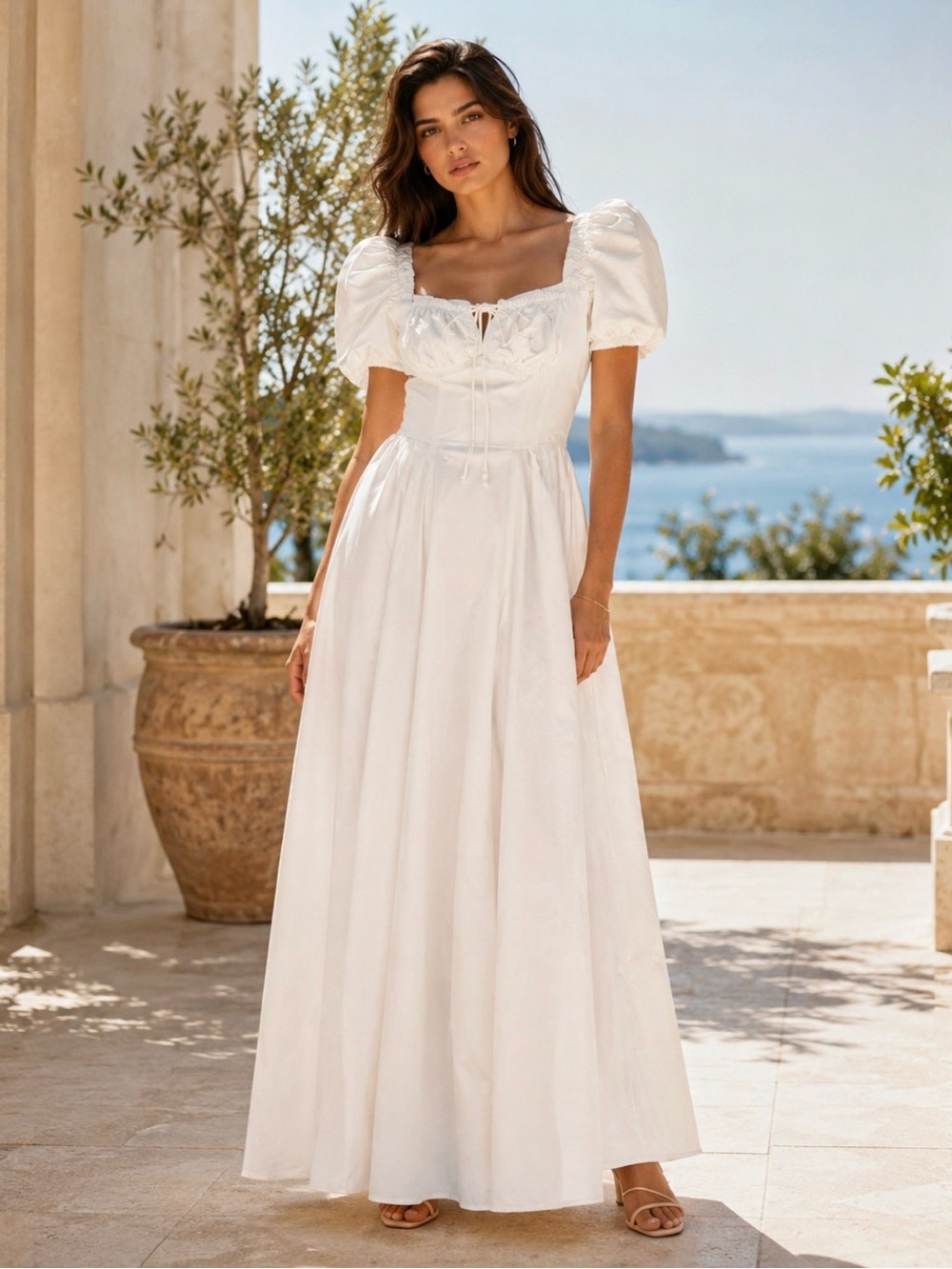 NWOT House of CB Tallulah White Puff Sleeve Maxi Dress XS Corset Bridal